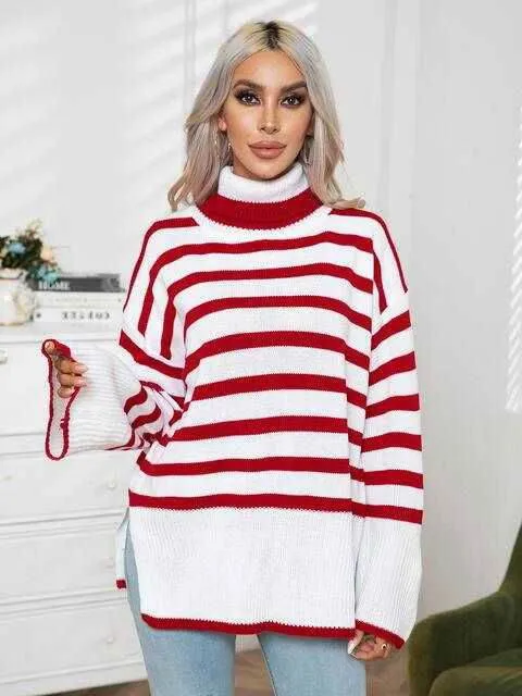 Striped Slit Turtleneck Drop Shoulder Sweater