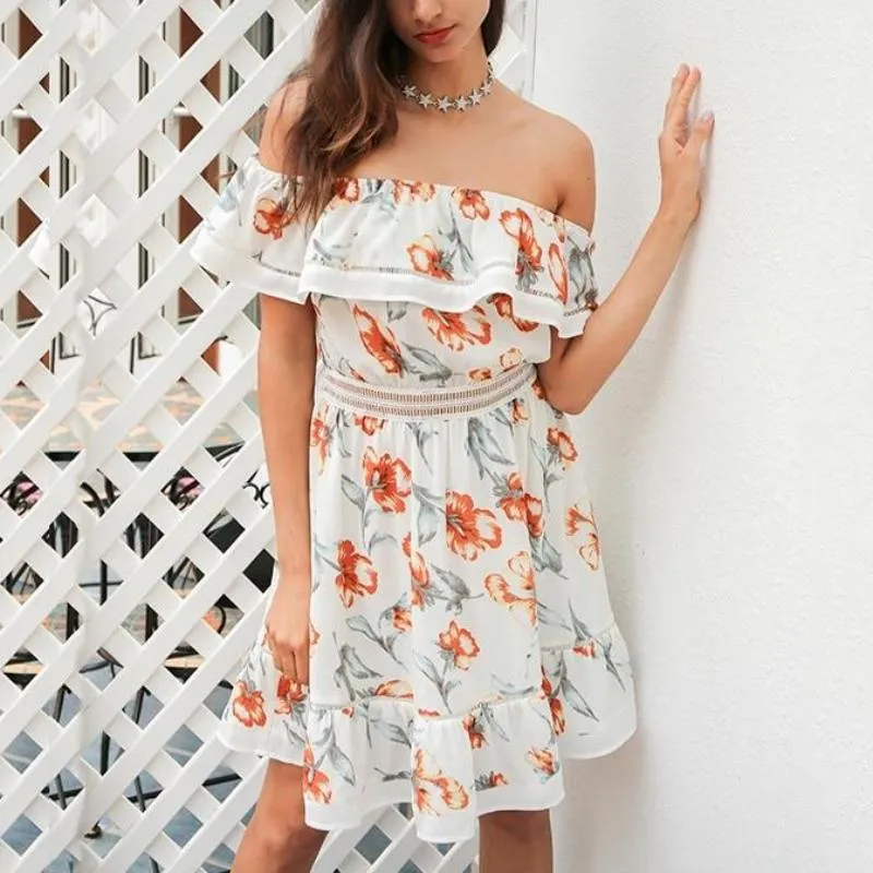 Summer Boho Floral Print Ruffle Off Shoulder Short Dress