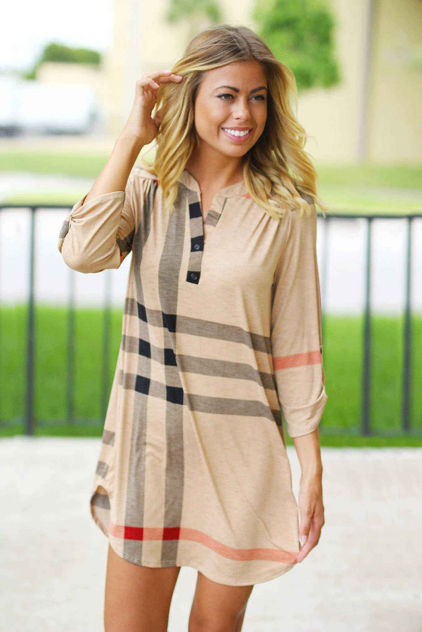 Tan Check Print Short Dress with 3/4 Sleeves