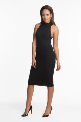 THE MYSTYLEMODE BLACK SLEEVELESS RIBBED TURTLENECK BODYCON DRESS