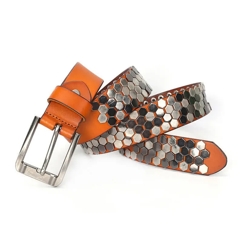 Unisex Hexagonal Rivet Studded Leather Belt