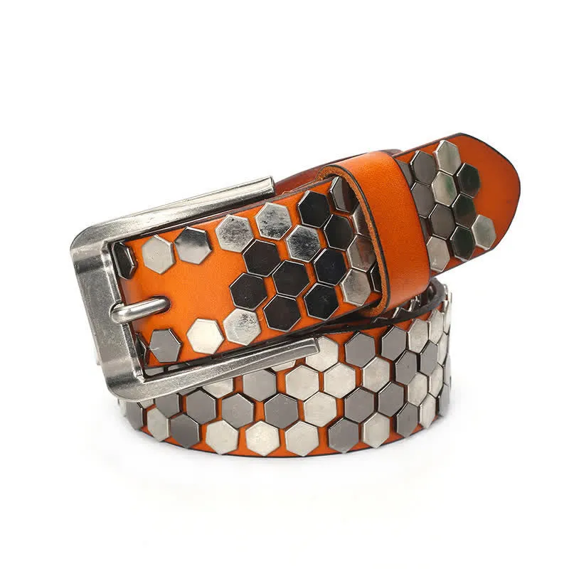 Unisex Hexagonal Rivet Studded Leather Belt