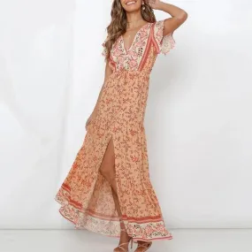 V-neck Bohemian Floral Print Lace Up Sexy High Split Butterfly Sleeve Long Dress