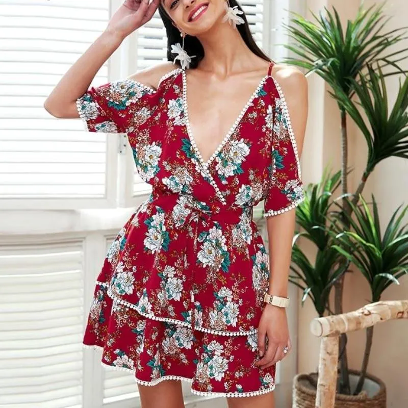 V Neck Cold Shoulder Lace Up Boho Summer Dress