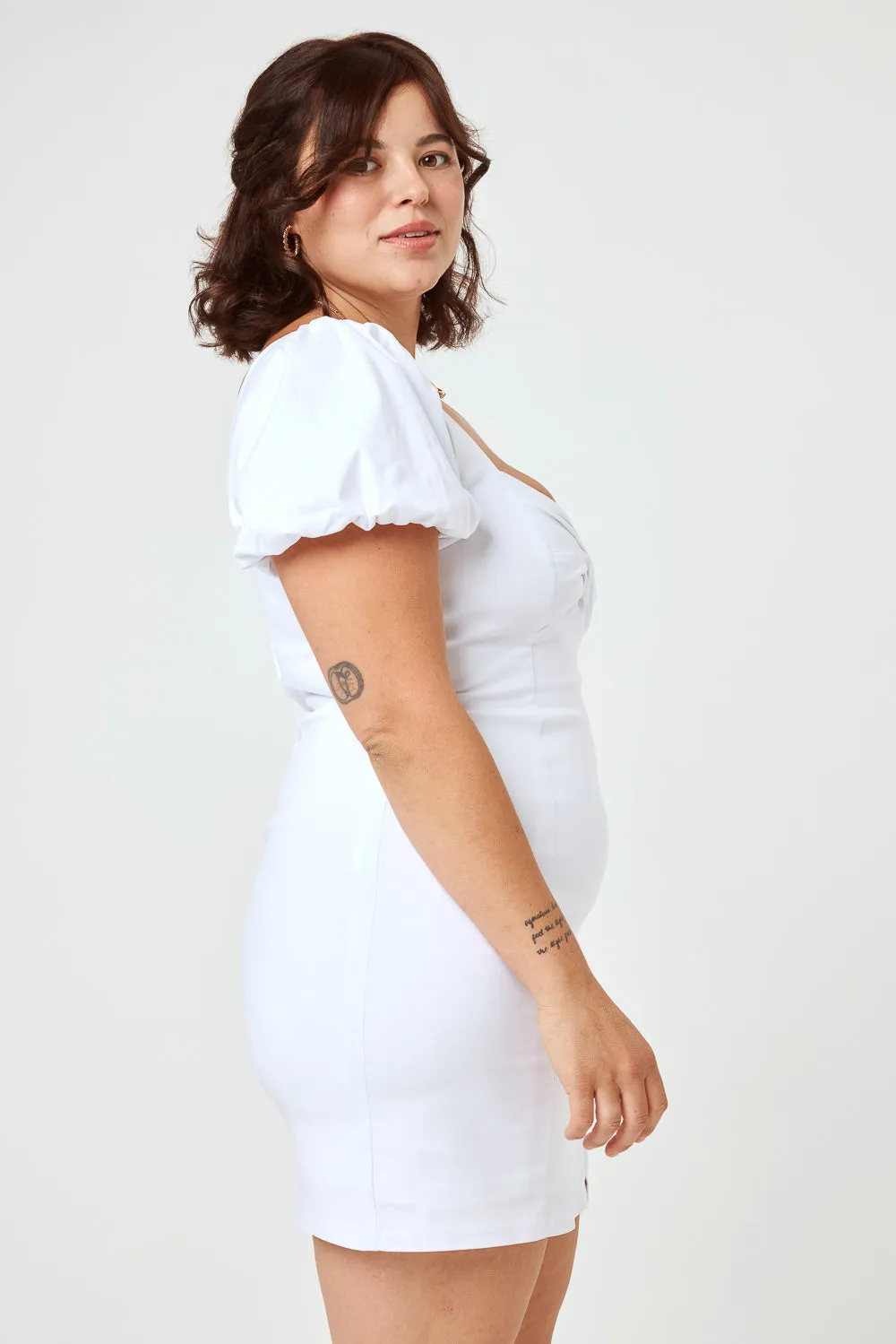 White Bubble Sleeve Twist Dress