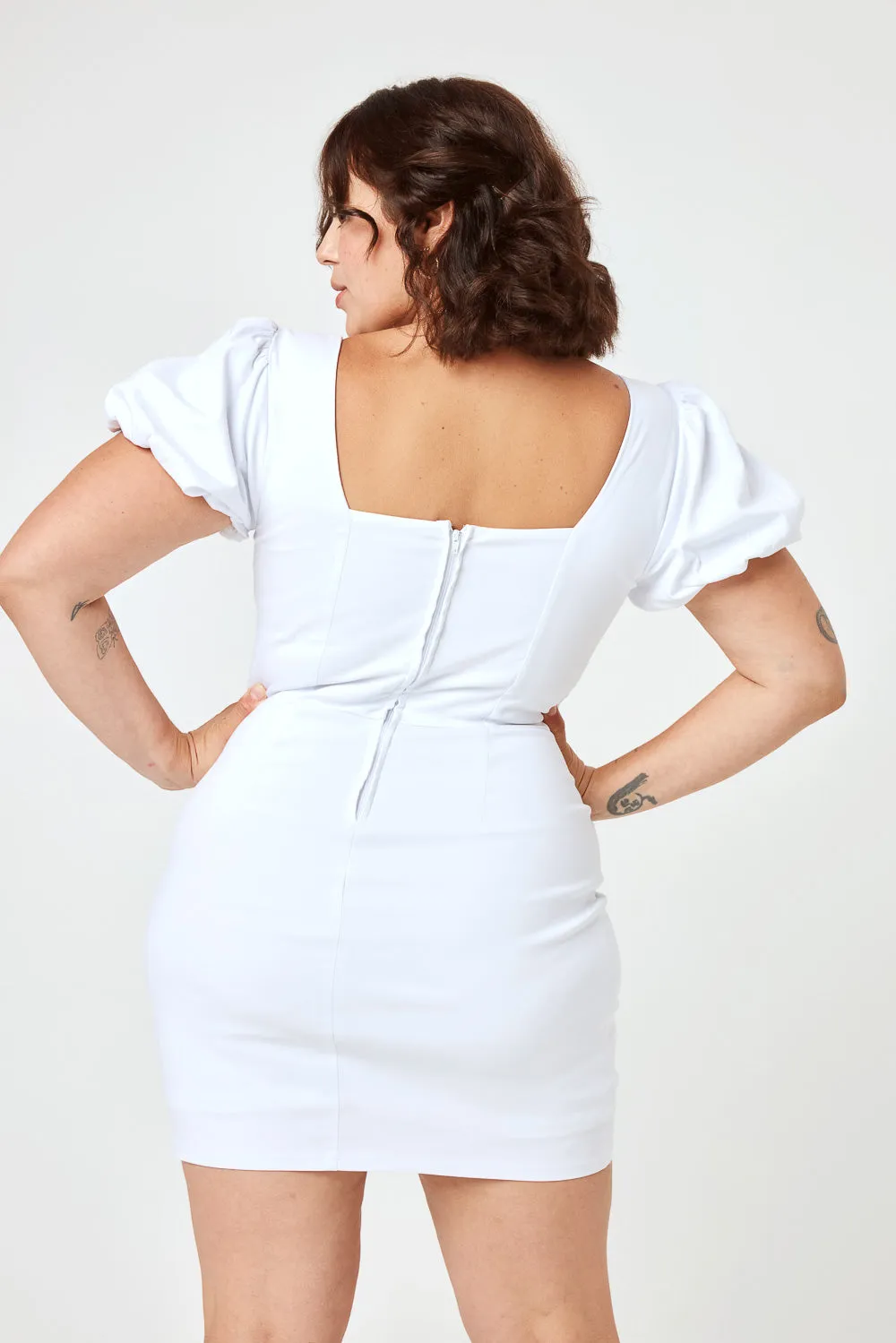 White Bubble Sleeve Twist Dress