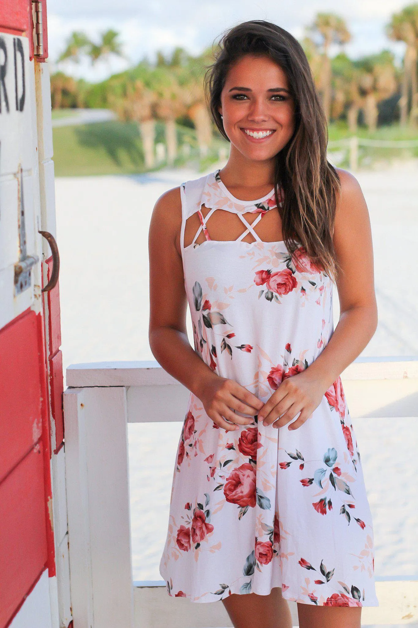 White Floral Sleeveless Cut Out Short Dress