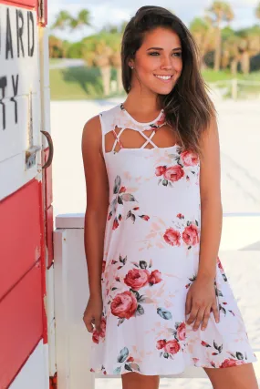 White Floral Sleeveless Cut Out Short Dress