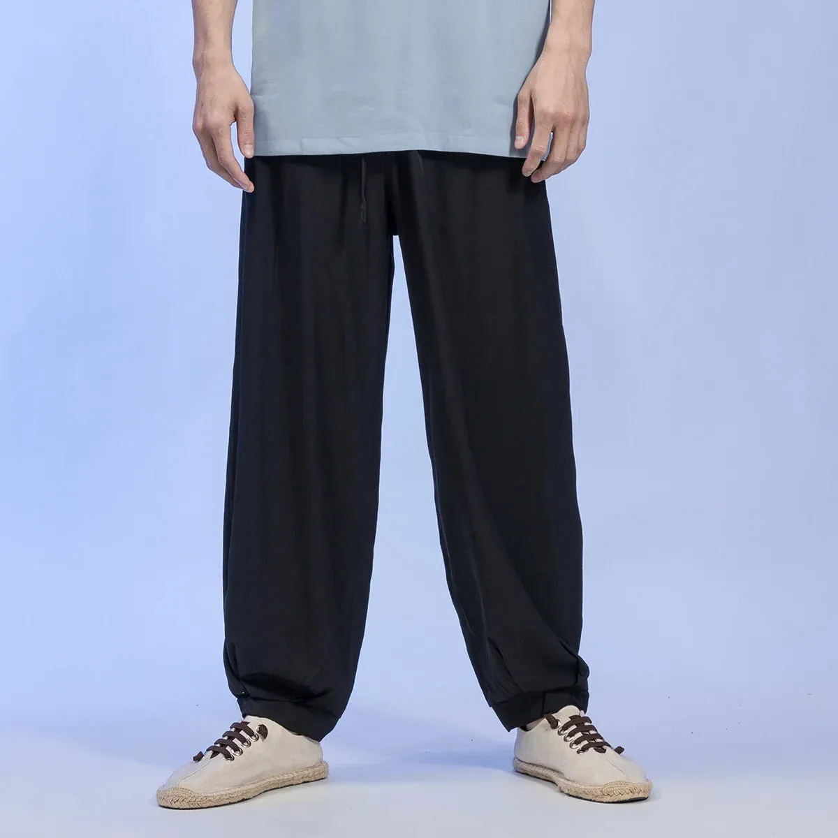 Wiaofellas   -  Spring Summer Thin Casual Trousers Chinese Traditional Dress Loose Ice Silk Plus Size Harem Pants Men Clothing Oversized Joggers