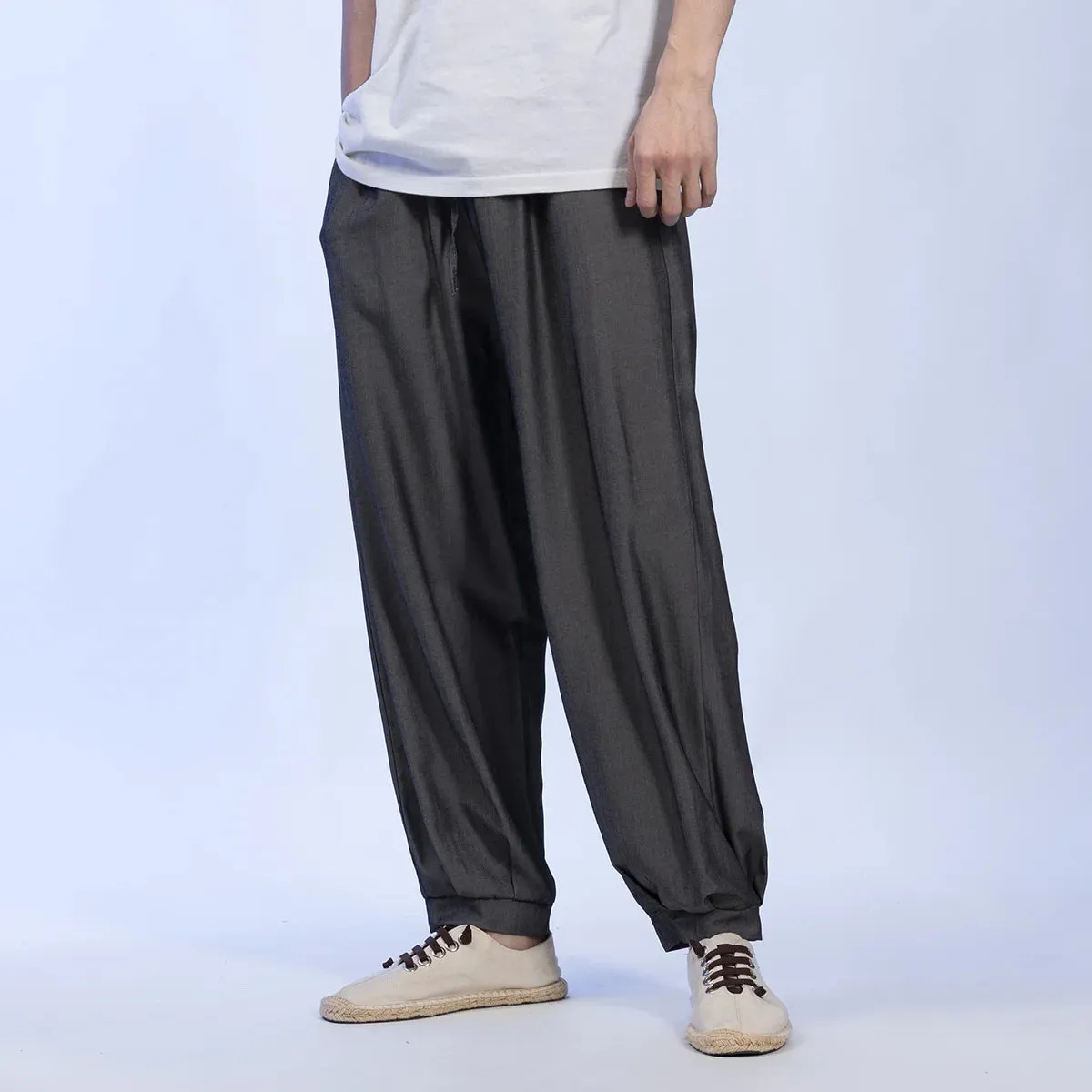 Wiaofellas   -  Spring Summer Thin Casual Trousers Chinese Traditional Dress Loose Ice Silk Plus Size Harem Pants Men Clothing Oversized Joggers