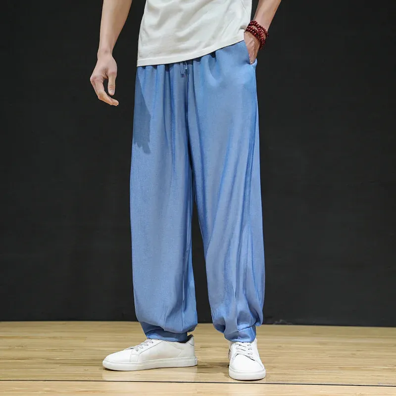 Wiaofellas   -  Spring Summer Thin Casual Trousers Chinese Traditional Dress Loose Ice Silk Plus Size Harem Pants Men Clothing Oversized Joggers