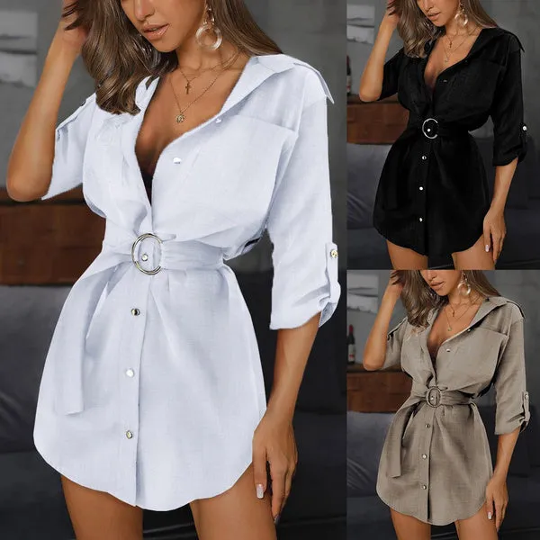 Women's Buttons Turn-Down Casual Shirt Dress