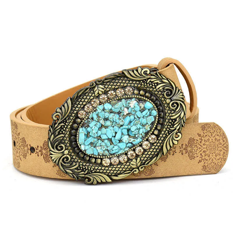 Women's Decorative Inlaid Color Stone Turquoise Leather Belt