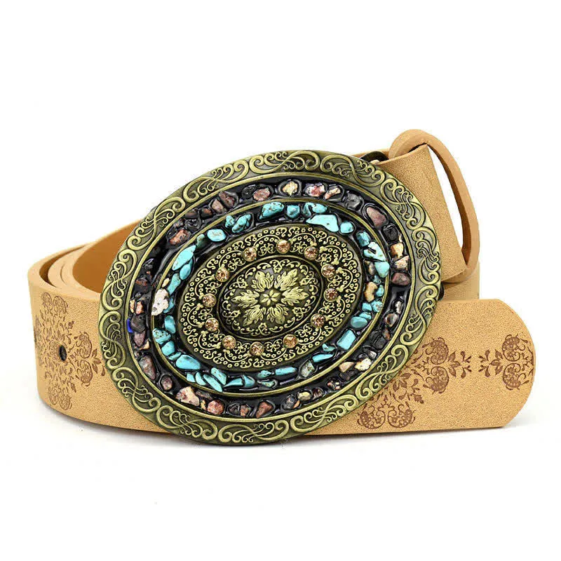 Women's Decorative Inlaid Color Stone Turquoise Leather Belt