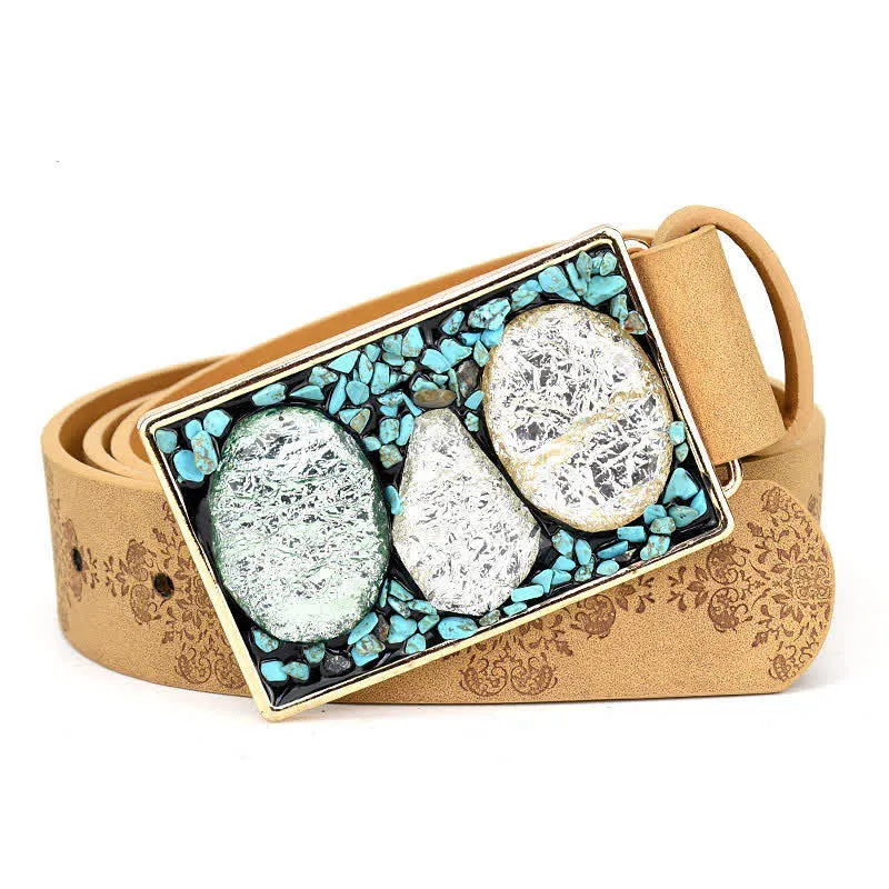 Women's Decorative Inlaid Color Stone Turquoise Leather Belt