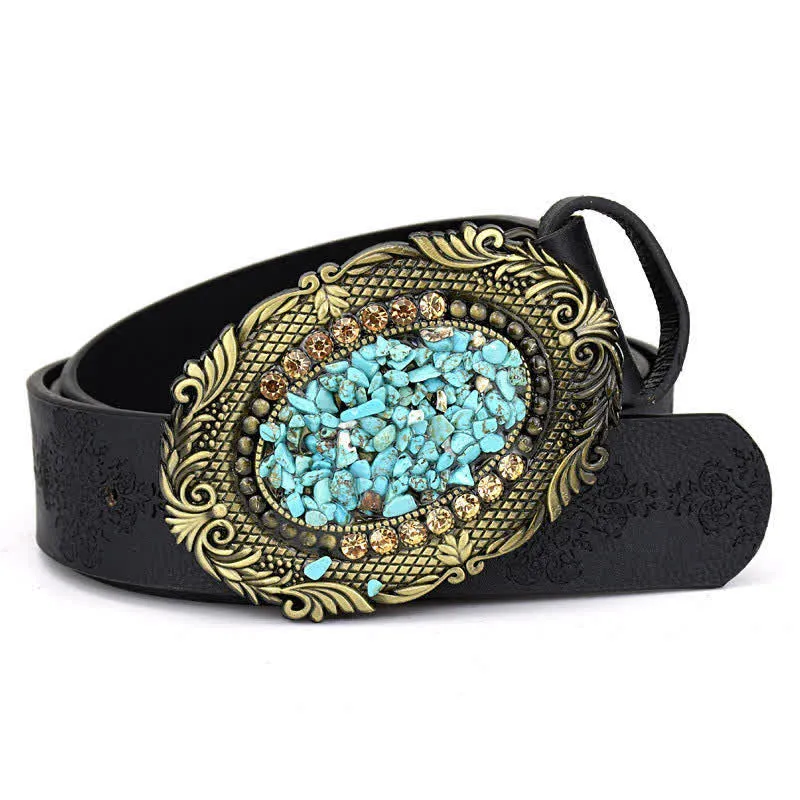 Women's Decorative Inlaid Color Stone Turquoise Leather Belt