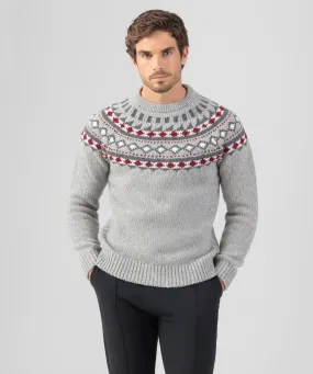 Wool Cashmere Sweater w. Nordic Pattern: Grey Melange