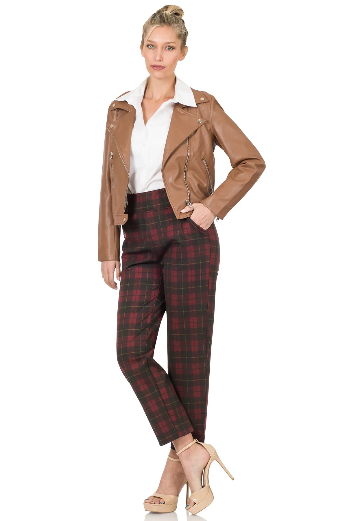 Zenana Plaid Pull-On Stretch Dress Pants